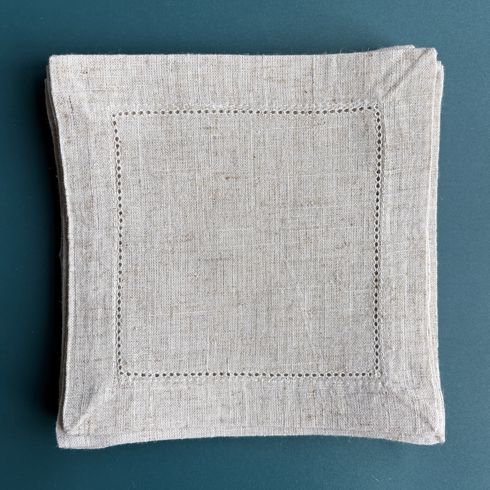 Linen Napkin Set - 6 Pieces Hemstitch Cocktail Napkin in
