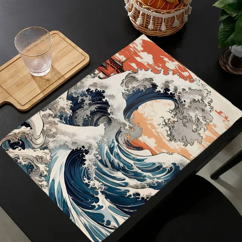 Tsunami Waves Printed Placemat - مراجعة Linen Napkin Set وسعره